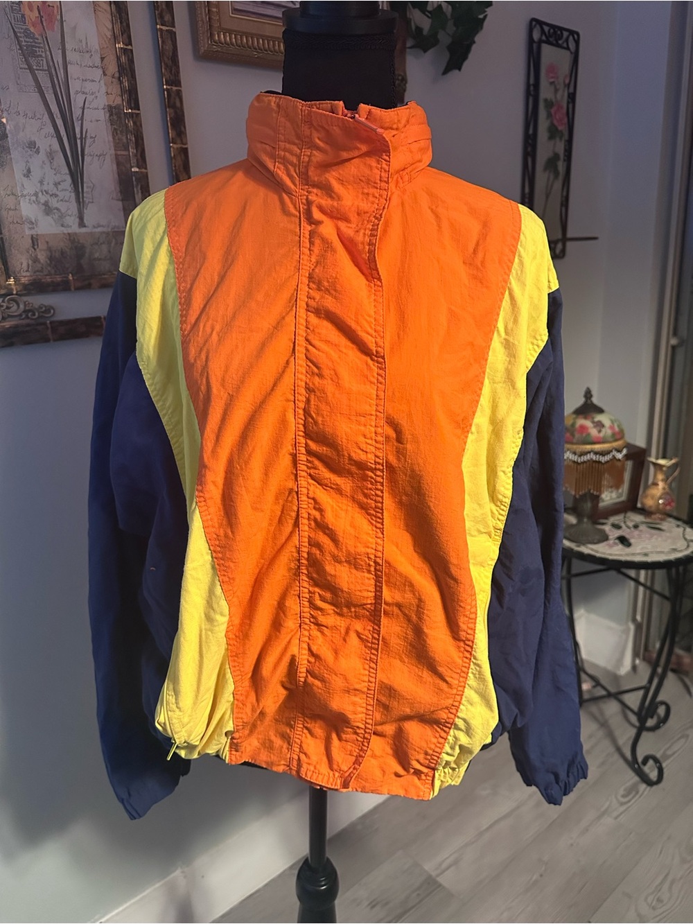 Vintage 90s Lizsport Colorblock Windbreaker Zip Jacket - Orange/Yellow/Navy, L